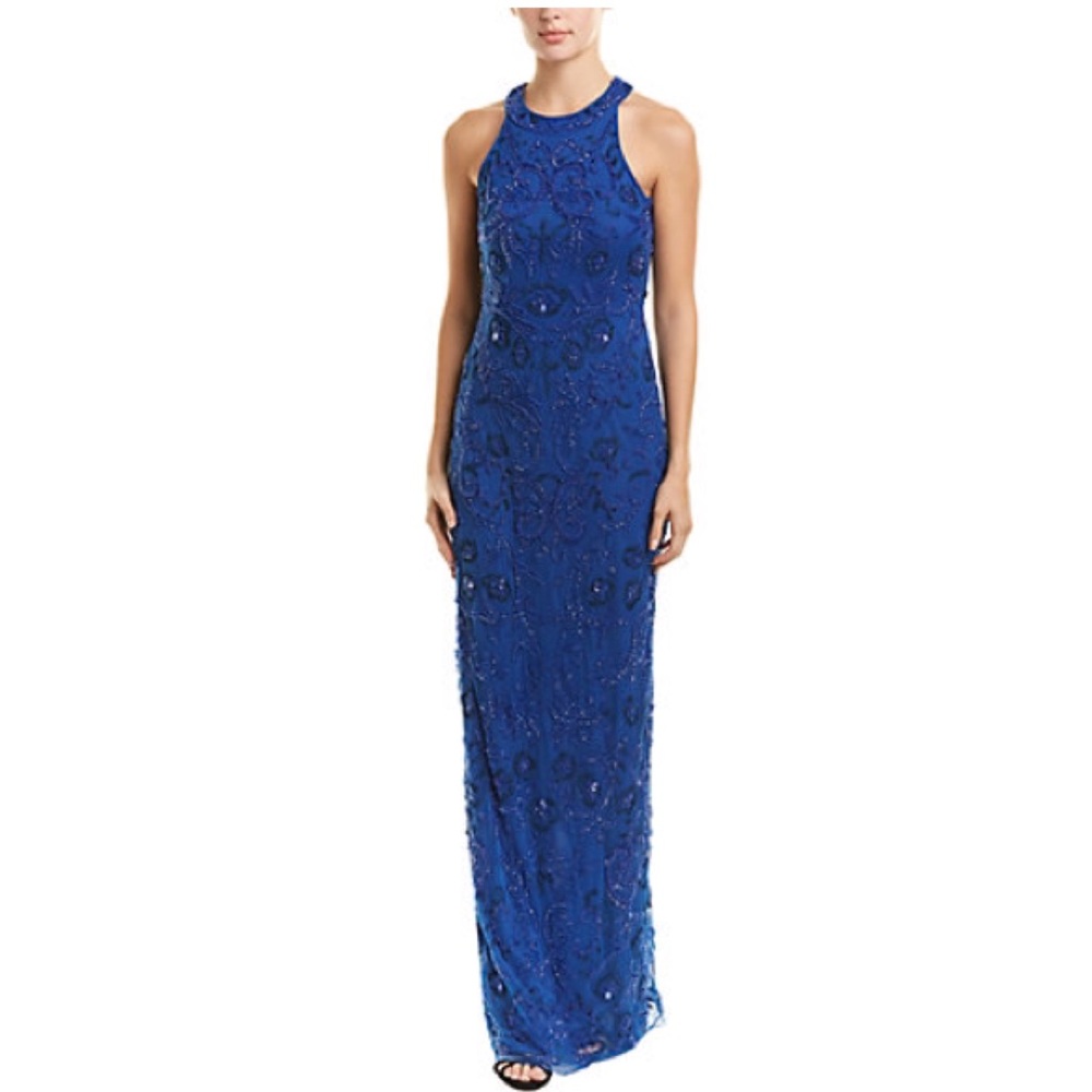Parker Black Royal Blue Halter Embroidered Gown